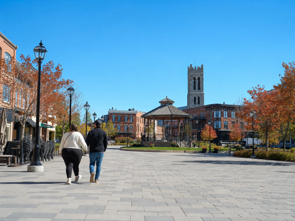 La place centrale de Granby, son kiosque et son clocher de pierre